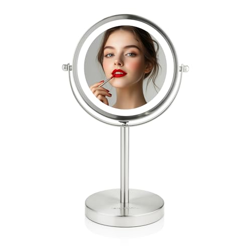 Image of OVENTE 6 inch Lighted Tabletop Round Vanity Mirror, Nickel Brushed MLT60BR1X7X