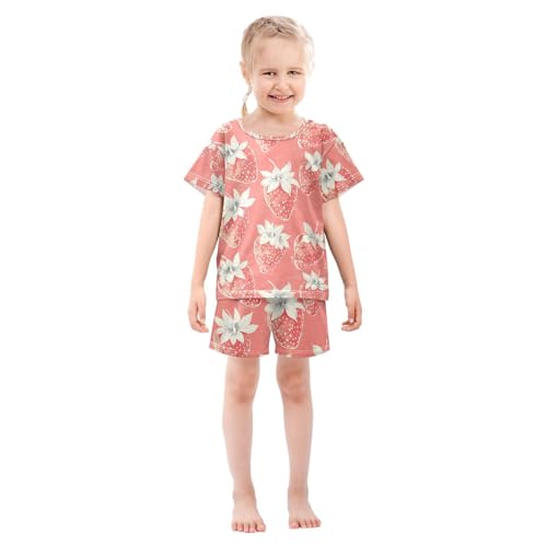 ALAZA Watercolor Strawberry Lovely Pajamas Set Short Sleeve Cotton Sleepwear Summer Pjs 2 Piece 5-14Y3