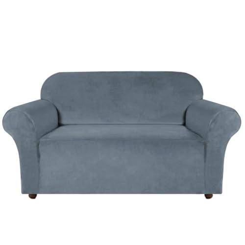 Turquoize Velvet Loveseat Covers Stretch Love Seat Couch Covers for 2 Cushion Couch Velvet Sofa Cover with Non Slip Elastic Bottom Furniture Cover Crafted from Soft Fabric(Loveseat, Stone Blue)