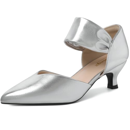 Image of RIBONGZ Kitten Heels for Women Closed Toe Comfortable Low Heels Pointed Toe Sexy Slip on Pumps Bridal Party Dressy Shoes