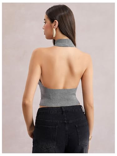 Image of MakeMeChic Women's Y2k Halter Mock Neck Top Going Out Sleeveless Backless Knit Top