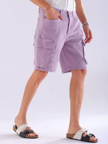 Image of The Indian Garage Co Men Relaxed Fit Solid Mid-Rise Denim Cargo Shorts