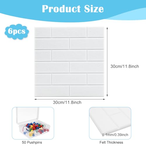 Image of 6Pcs Felt Black Boards with 50 Drawing Pins, 30x30cm Self Adhesive Wall Brick Pattern Utility Felt Board for Photo, Memo, Reminder Notes (White)
