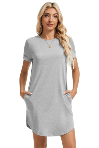 Image of Women's Casual Summer Short Sleeve T-Shirt Dress Crew Neck Loose Solid Color Basic Beach Dresses with Pockets