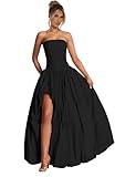 PSDEJR Long Strapless Satin Prom Dresses for Women 2025 Pleated A Line Puffy Bubble Formal Evening Dress with Slit Black Size 12