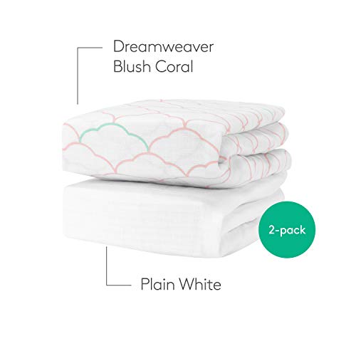 Image of Newton Baby Fitted Mini Crib Sheets (2-Pack) | Organic Muslin Cotton, Breathable & Soft Baby Sheets, Washable Baby Mattress Sheets, Fits Mini Crib Mattresses 24 inch x 38 inch, Dreamweaver Coral & Plain White