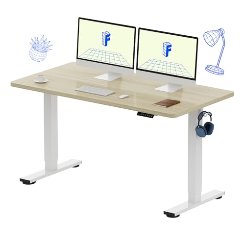 FLEXISPOT EN1 One-Piece Standing Desk, 55 x 28 Inches Electric Height Adjustable Desk for Home Office (White Frame + White Wood Grain Desktop)