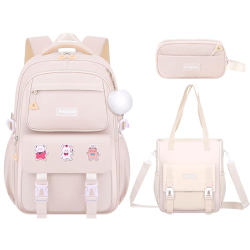KEBEIXUAN Rucksäcke für Mädchen Schultasche Wasserdicht Kinder Büchertasche Teen Rucksack Set Mit Kawaii Pelz Bälle und Abzeichen (Beige)