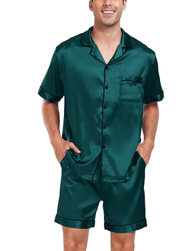 Image of SWOMOG Men Satin Silk Pajamas Sets Short Sleeve Sleepwear Button-Down PJs Sets Two-Pieces Loungewear with Pockets