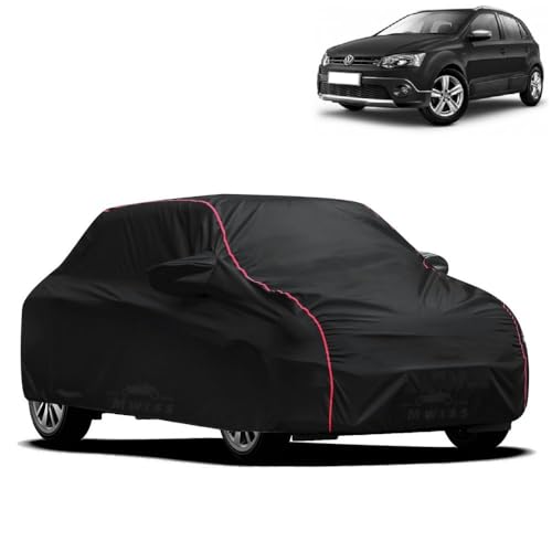 Image of Waterproof Car Cover for Volkswagen Polo Cross | All-Weather Protection, Dustproof & UV Resistant | Triple Stitched Mirror Pockets, Windproof Buckle Strap with Elastic Hem, Black-Red Piping