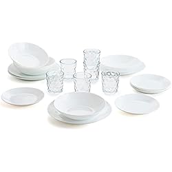 Arcopal Vajilla blanca completa para 6 personas 18 piezas + Set de 6 vasos de vidrio 26cl, Único, 19 piezas
