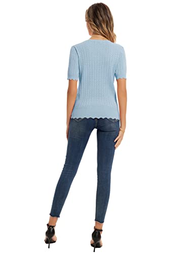 Womens Cute Puff Short Sleeve Tops Pullover Scallop Cuffs Knit Sweater Blouse Blue Xl #TOP3