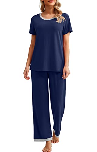 PrinStory Schlafanzug Damen Rundhals Pyjama Set Kurzarm Schlafanzugoberteile Und Lange Nachtwäsche Hosen Mit Taschen Lounge-Set