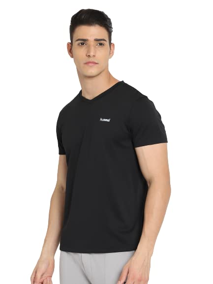 Image of hummel Amero V Neck Half Sleeve Solid Regular fit Polyester T-Shirt for Men Comfortable Breathable Fabric Stretchable for Everyday Use Ideal for Yoga Training Gym Running or Performance
