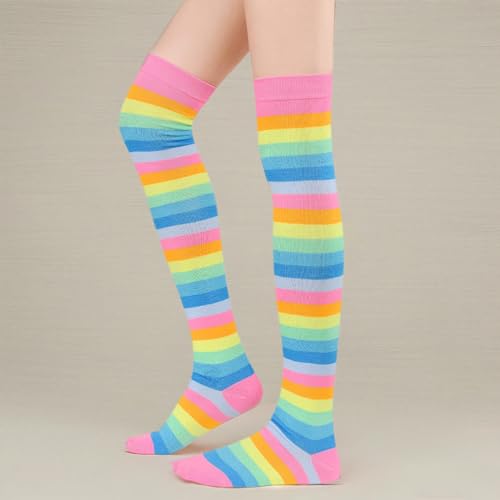 Image of American Trends Womens Rainbow Socks Striped Knee High Socks Thigh High Stockings Casual Tube Socks Costume Leg Warmers