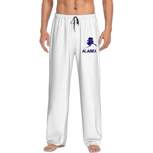 Alaska Map Flag And Text Pajama Pants Adult Comfy Sleep Pants Lightweight Pjs Bottoms Wide Leg Sleepwear For Mens