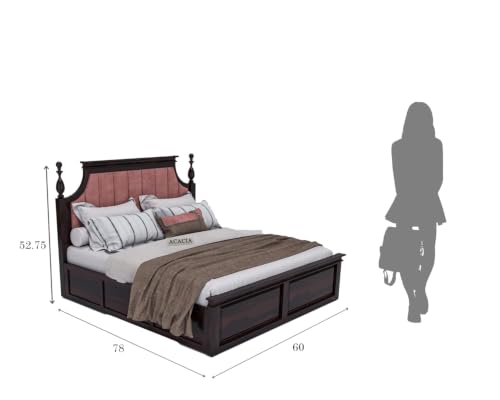 Image of Craft Wooden Queen Size Bed with Storage | Double Bed Cot Bed with Box Storage & Pink Colour Upholstered Cushioned Headboard for Bedroom | Solid Wood Sheesham, Walnut