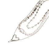 Collar con dije de corazón escalonado combinado con perlas de cuentas, elegante joyería de clavícula para cumpleaños, aniversarios, joyería de cadena de metal escalonada