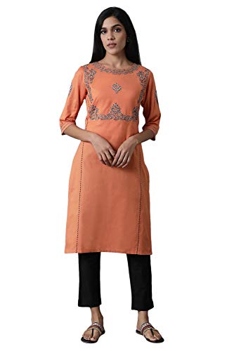 Image of W for Woman Women's Cotton Blend Straight Fit Embroidered Straight Kurta