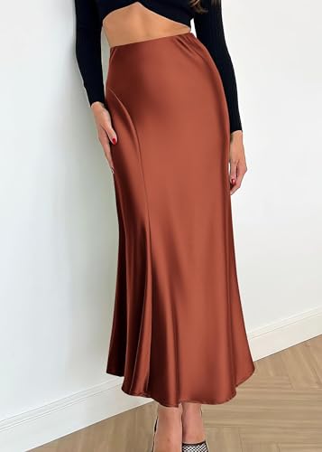 Image of KIRUNDO Women's Satin Maxi Skirt 2026 Summer Fall Trendy High Waisted Wedding Cocktail Party Work Silk A-Line Formal Skirts