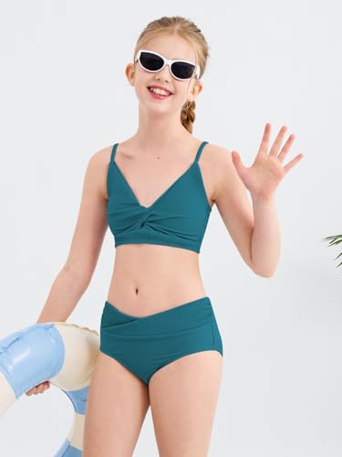 Girls' Swimsuits 2 Piece Bikini Set Solid Color Twist Cross Spaghetti Straps Bathing Suit Teen Swimwear with Chest Pad3