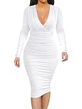 BEAGIMEG Women's Sexy Bodycon Long Sleeve Ruched Deep V Neck Solid Party Club Midi Dress White