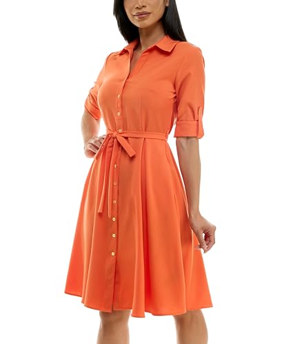 Image of Sharagano Women's Pleated Shirt Dress - 3 /4 Sleeve, V-Neck, Gold Buttons