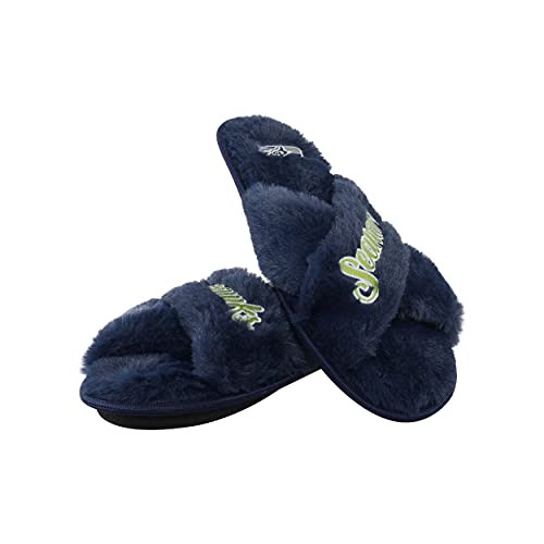 Image of FOCO Womens NFL Team Script Wordmark Fuzzy Cross Slide Slippers