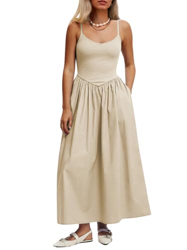 Image of Mieazom Women's Sleeveless V-Neck Maxi Dress with Pockets - Slim Fit Casual Summer Spaghetti Strap Dress for Vacation
