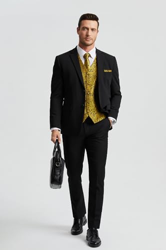 Image of HISDERN Vest and Tie Sets for Men Vests Paisley Floral Jacquard Necktie Pocket Square 3PCS Waistcoat for Suit or Tuxedo