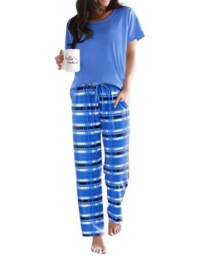 Ekouaer Pajama Sets for Women Round Neck Pjs Short Sleeve Sleepwear with Long Pants Loose Lounge Sets Blue-White Plaid Small