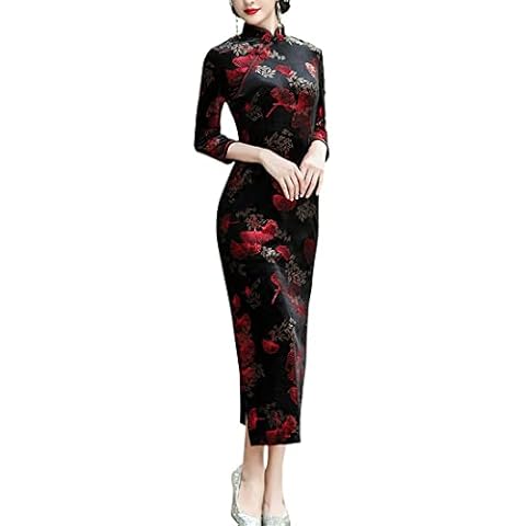 BooW Women's Elegant Velvet Cheongsam Qipao Dress Chinese Mandarin Collar Side Slit Maxi Dress (909# Black×Red, Large) Cover