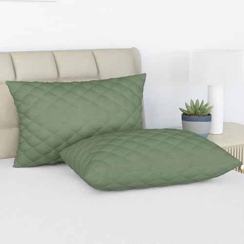 Image of LINENWALAS Cotton Quilted Pillow Cover - Set of 2 | Ultra-Soft, Cooling & Breathable | Skin & Hair Friendly |Zipper Closure | Sweat-Absorbent & Hypoallergenic (18x28 Inches, Avocado Green)