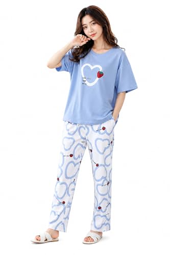 Image of Women's Pure Cotton Nightwear Set - Cute Printed Lavender Half Sleeve T-Shirt and Pajama Set for Girls, Comfortable Loungewear & Sleepwear