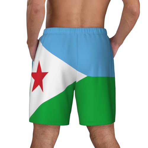 Flag of Djibouti Print Men's Casual Swim Shorts, Comfortable Double Layer Beach Trunks for Lounging & Swimming4