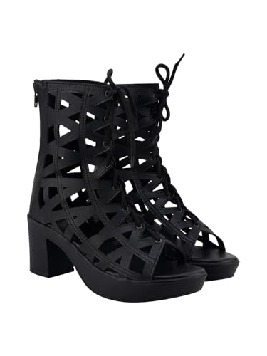Shoetopia Black Onyx Lattice Gladiator Cage Heels – Bold Lace-Up Block Heel Sandals For Women & Girls