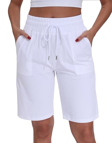 WEAREFO Womens Bermuda Shorts 10 Long High Waisted Comfy Jersey Knee Length Shorts with Pockets for Athletic Casual Wear (White L)