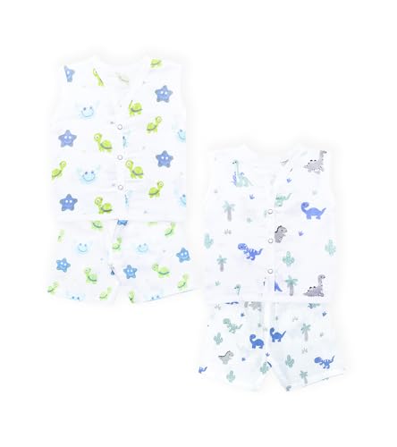 YUV 100% Cotton Organic Muslin Unisex Infant Baby Boys & Girls Clothing Set (Jabla Tshirt + Shorts), 0-12 Months, Pack of 2