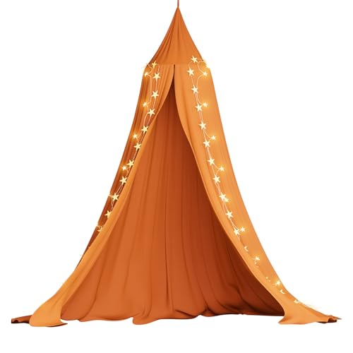Image of Frideko Bed Canopy, Princess Gauze Mosquito Net+ USB Warm White Star Fairy String Lights & Yellow Star Flag for Playing Beach Home Nursery Hotel Kids Children Christmas Birthday Gifts (Burnt Orange)