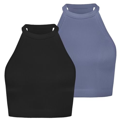 Sunzel Ribbed Tank Tops for Women, Halter High Neck Seamless Cute Crop Top, Basics Sleeveless Workout Athletic Yoga Shirts Crop Black+Greyish Blue X-Small