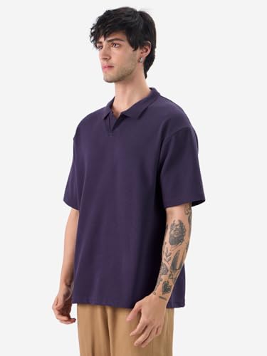 Image of The Souled Store Solids: Pastel Blue Men and Boys Short Sleeves Collared Neck Textured Cotton Blend Oversized Polos