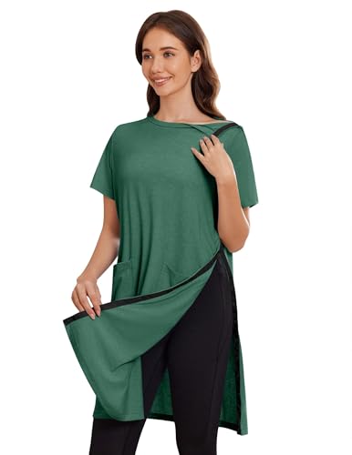 Image of Deyeek Women's Post Shoulder Surgery Hospital Gowns Tear Away Short Sleeve Full Open Side Snap Adaptive Clothing Nightgowns