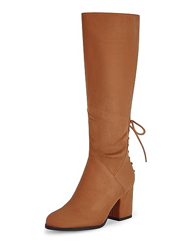 Coutgo Womens Wide Calf Knee High Boots Chunky Block Heel Round Toe Back Straps Side Zipper Winter Dress Boots, Brown, Size 7