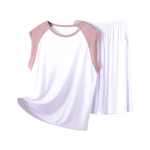 Modal Pajama Sets for Men Casual Sleeveless Crewneck Lightweight Tops and Shorts PJS Lounge Color Block Set 2 Pieces
