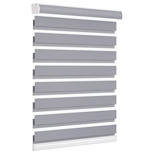 Image of Changshade Custom Size Zebra Blinds Cordless Indoor Window Shades Privacy Dual Layer for Living Room, Bedroom, Bathroom, Kitchen, Nursery, Inside Outside Mount Easy Install, Blackout, Dark Grey