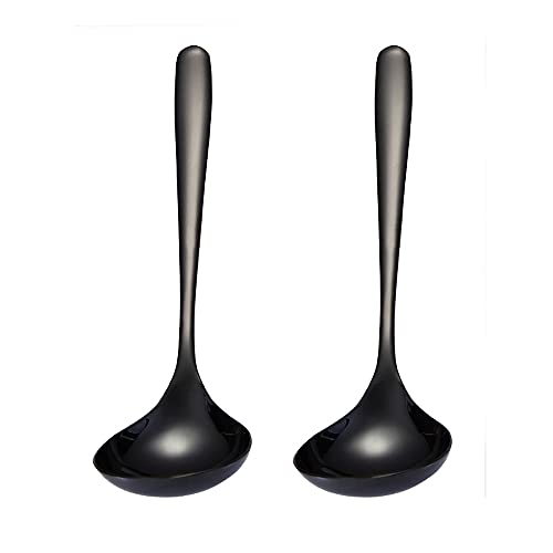2-Piece Stainless Steel Gravy Soup Spoon Ladle Soup Small Ladle Heavy Duty Deep Soup Spoon Ramen Spoon (Black)