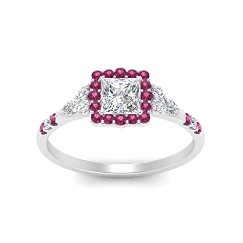 Image of Choose Your Color 925 Sterling Silver Princess Shape Petite Engagement Rings Halo Edwardian Engagement Ring Everyday Wedding Jewelry Handmade Gifts for Wife : US Size 4 to 12