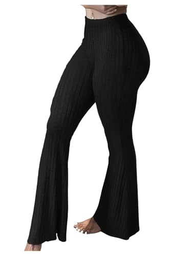 WDIRARA Women's Flare Leggings Workout Ribbed Elastic Waist Bell Bottom