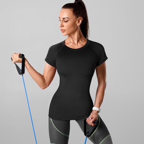 Coume 4 Pack Women's Compression Shirts Short Sleeve Workout Tops Running Athletic Yoga T-Shirt for Gym Sports Gear Quick Dry(Black,M)