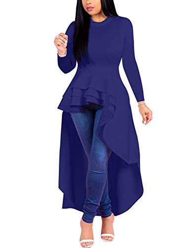 Fashion High Low Tops for Women - Unique Ruffle Long Sleeve Tunic Shirt (XXX-Large Blue)